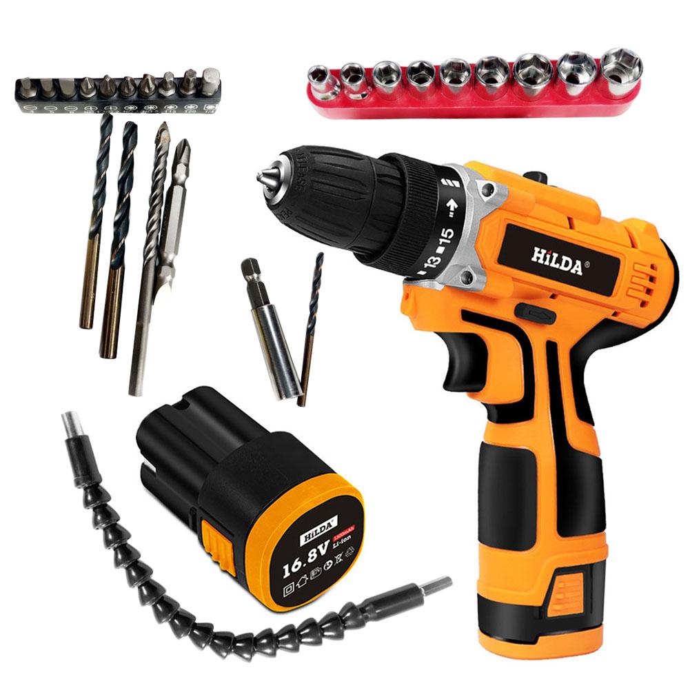Hilda 16.8V Lithium Strong Torque Electric Hand Drill Machine Cordless Household Charging Screwdriver Wireless Power Tool