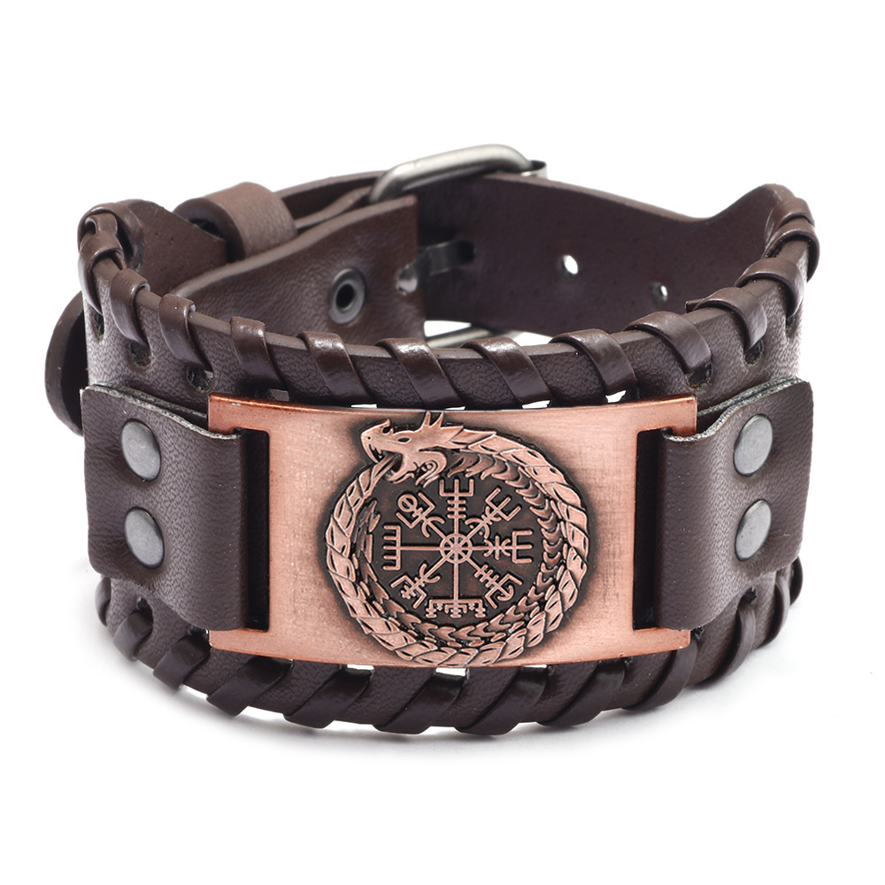 Pulsera de piel con brújula pirata para hombre, de tótem ancho, joyería vikinga celta, accesorios de pulsera, de: Cobalto violeta