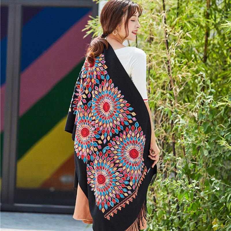 Vrouwen dikke kasjmier sjaals tibetaanse nepal zonnebloem sjaal borduurwerk kwast lange sjaal warme pashmina gebreide dames: 01