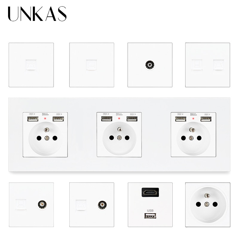 UNKAS 3 Gang French Wall Power Socket Dual USB + HDMI Port USB 3.0 Jack TV RJ11 Telephone RJ45 Internet PC Plastic Panel Outlet