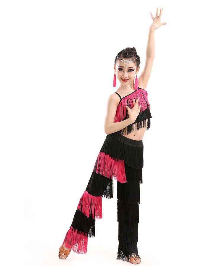 Children Bachata Latin Dance Costumes Girls Ballroom Tango Salsa Latin Dance Competition Costume Fringe Pants Tops: Hot Pink / 140cm