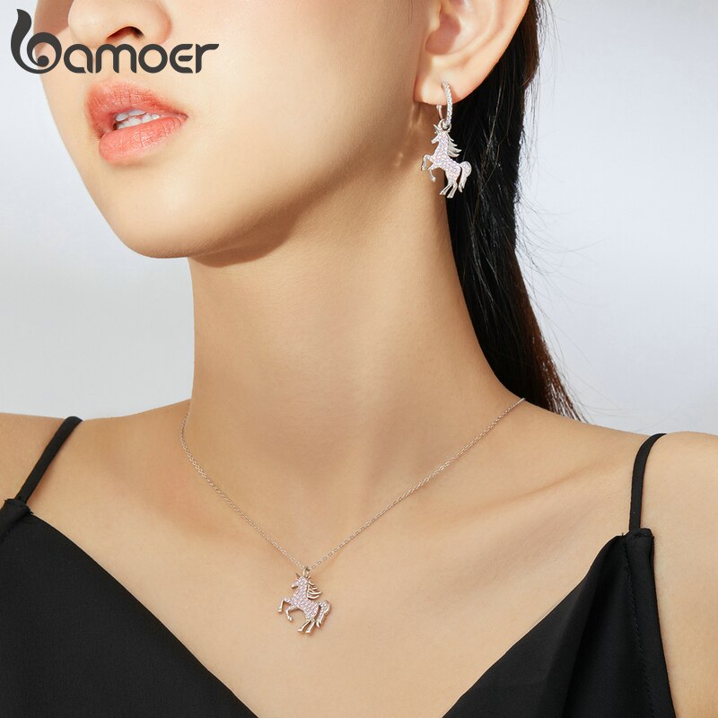 bamoer 925 Sterling Silver Jewelry Sets Pink Licorne Pendant Necklace for Women Chain Necklaces Earrings Wedding Jewelry ZHS187