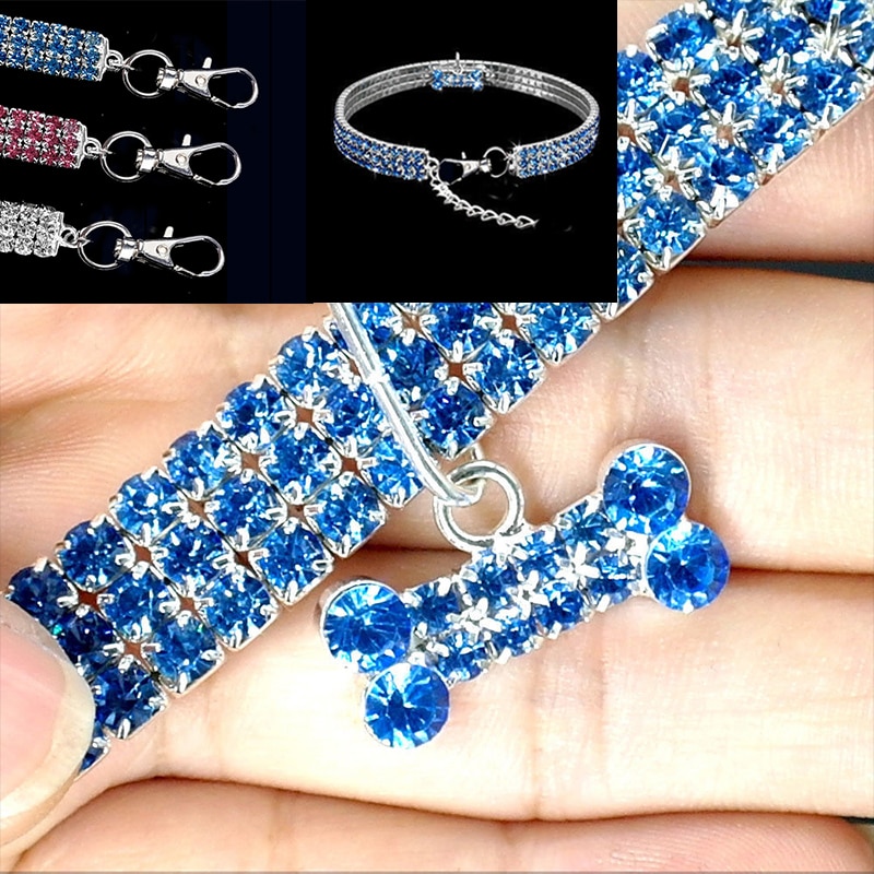 Strass Halsband Puppy Chihuahua Huisdier Halsbanden Kristal Huisdier Halsbanden Leash Voor Small Medium Honden Accessoires Sml roze Blu