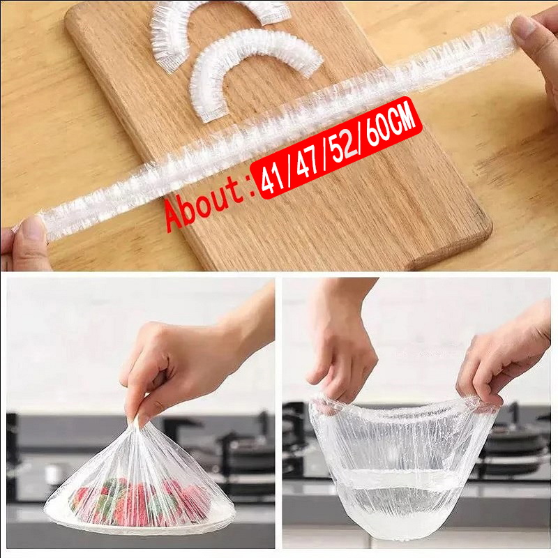 50 stuks wegwerp voedselafdekkingen van plastic folie, voedselveilige plastic zakjes voor fruit en groenten, elastische plastic zakjes, keukenorganizer