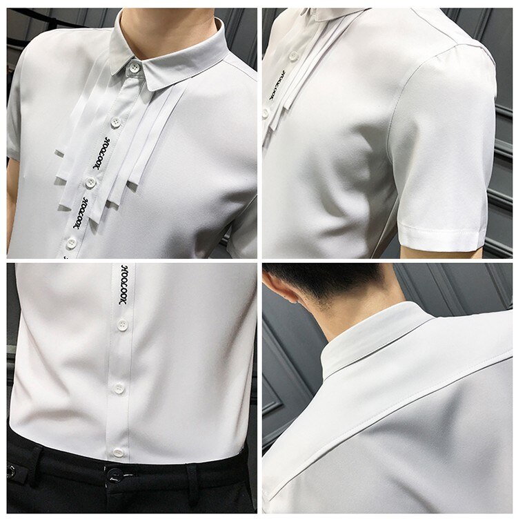Manches courtes robe chemise hommes plissé gland avant noir blanc smoking chemises été mince coupe boîte de nuit décontracté chemise homme