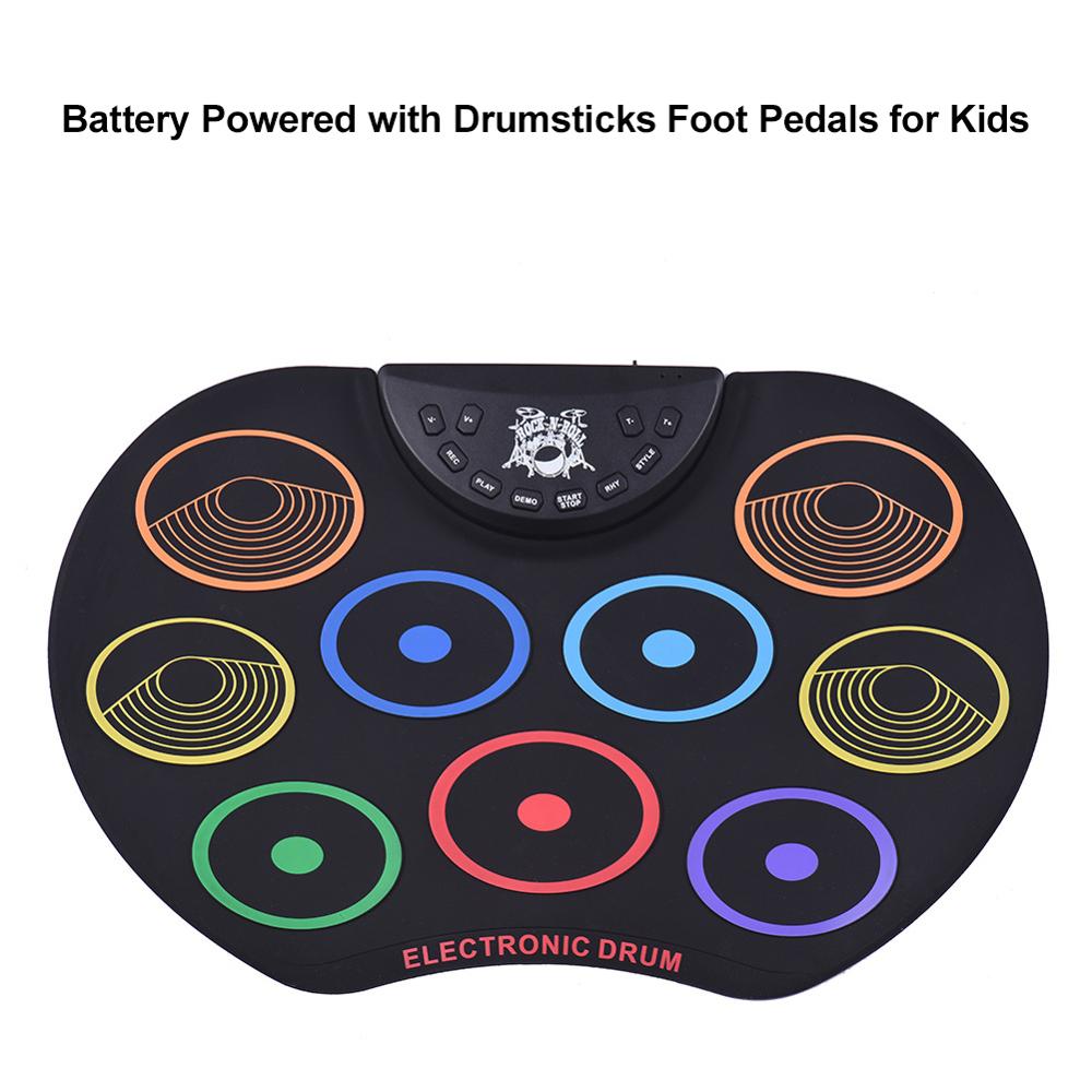 Compact Size Roll-Up Drum Set Electronic Drum Kit 9 Silicon Drum Pads USB/Battery Powered with Drumsticks Foot Pedals Great Holi