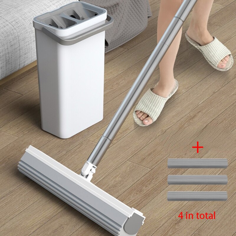 Fregona de esponja absorbente fuerte con cubo, escurridor, deshidratado para limpieza del hogar, cocina, baño, suelos de madera, herramienta de fregona perezosa: Bucket mop 4sponge
