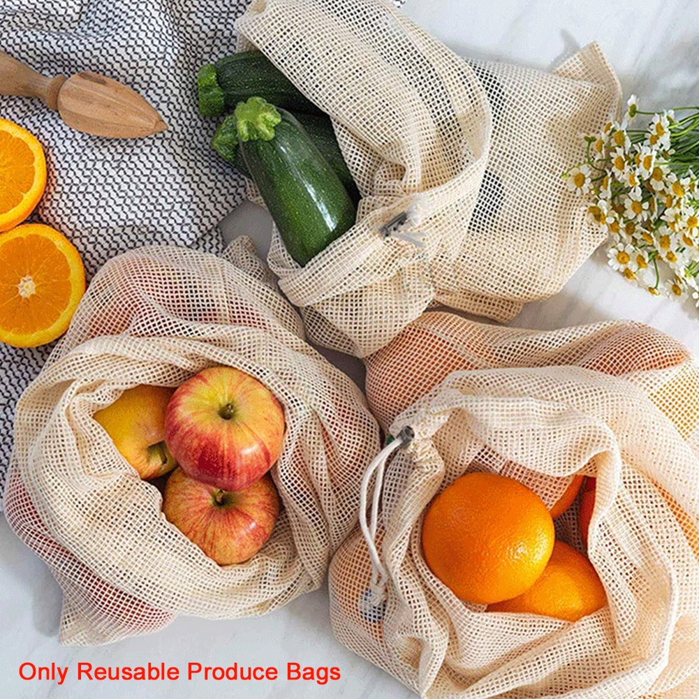 5 stuks afvalvrije boodschappentassen van biologisch katoen met trekkoord, wasbaar, herbruikbaar, voor grote hoeveelheden, 43 x 30cm mesh