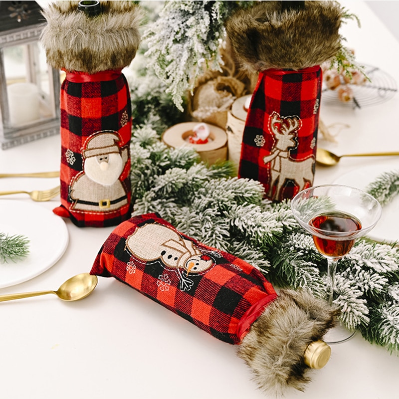 24-Piece Christmas Wine Bottle Cover Set - Buffalo Plaid Santa Hats & Scarves For Holiday Decor