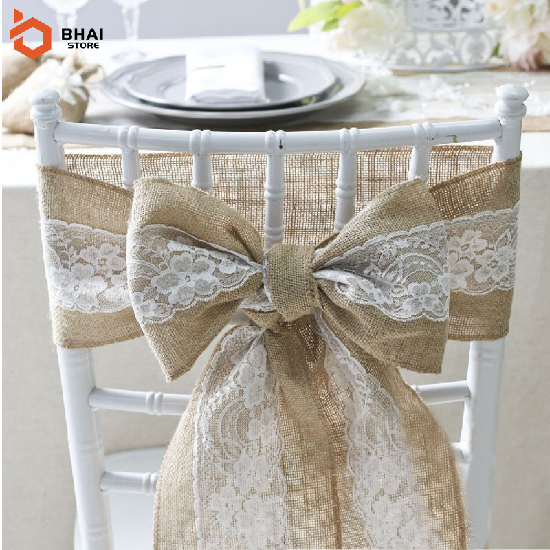 Housse de chaise en toile de Jute, avec nœud en dentelle, 2 pièces, 240cm x 15cm, pour mariage, artisanat, décoration de fête, fournitures à faire soi-même