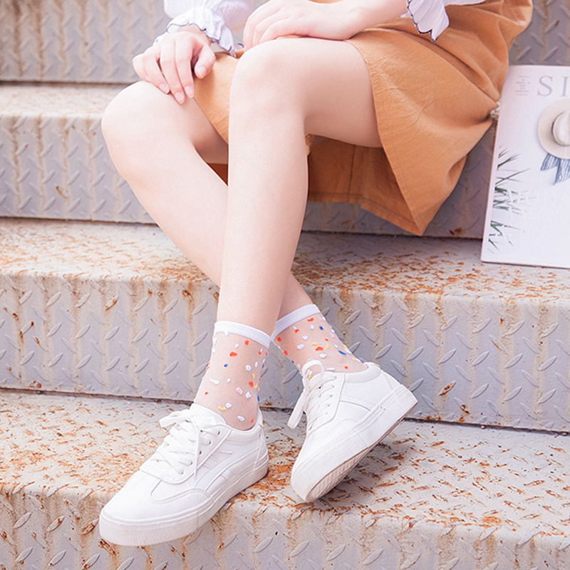 Spring Summer Ultra-thin Glass filament Socks Woman Printing Dots Korean Style Silk Socks Cute Stripe Transparent Socks