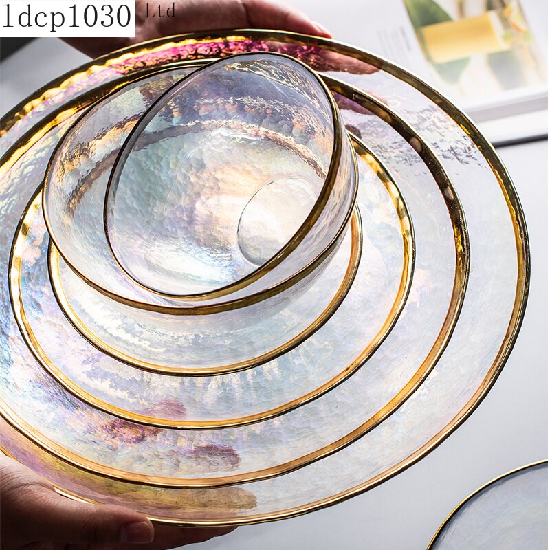 Vaisselle en verre à bord doré, assiette de nourriture occidentale, assiette Plate à salade, ensemble de Steak de Banquet, assiette d&#39;exposition, ustensiles de cuisine
