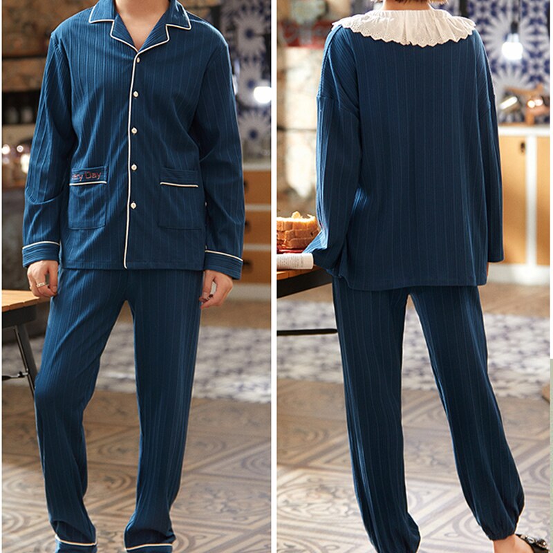 Pijama de algodón para parejas, primavera y otoño, estilo coreano, cuello de solapa, cómodo, de dos piezas, para hombre