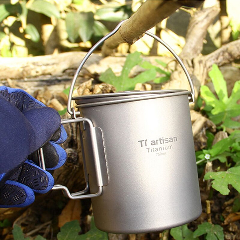 Tiartisan 750ml titanium hängande kastrull med lock hopfällbart handtag utomhus camping drickskopp för picknick bestick köksredskap  ta8315- bh