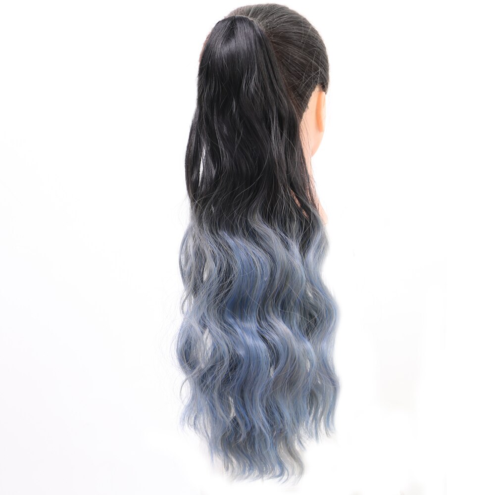 22 polegadas longo ondulado rabo de cavalo cabelo sintético/ombre rabo de cavalo com mini cabelo garra nó/preto natural azul rabo de cavalo para mulher