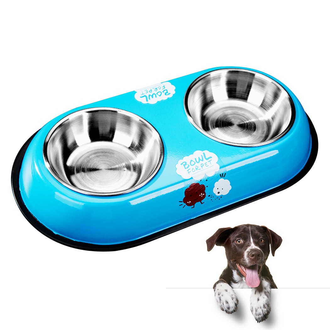 Double bol en acier inoxydable mangeoire pour animal domestique antidérapant, de sécurité, dessin animé animal de compagnie, Teddy chat chiens chats, bol de nourriture pour chiens: Blue
