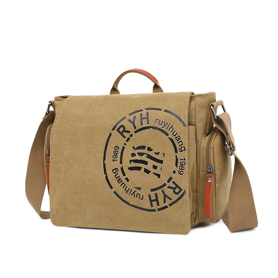 Aktetassen met grote capaciteit Heren reistassen Canvas bedrukte weekendschoudertassen Multifunctionele Messenger Flap Bags: Khaki