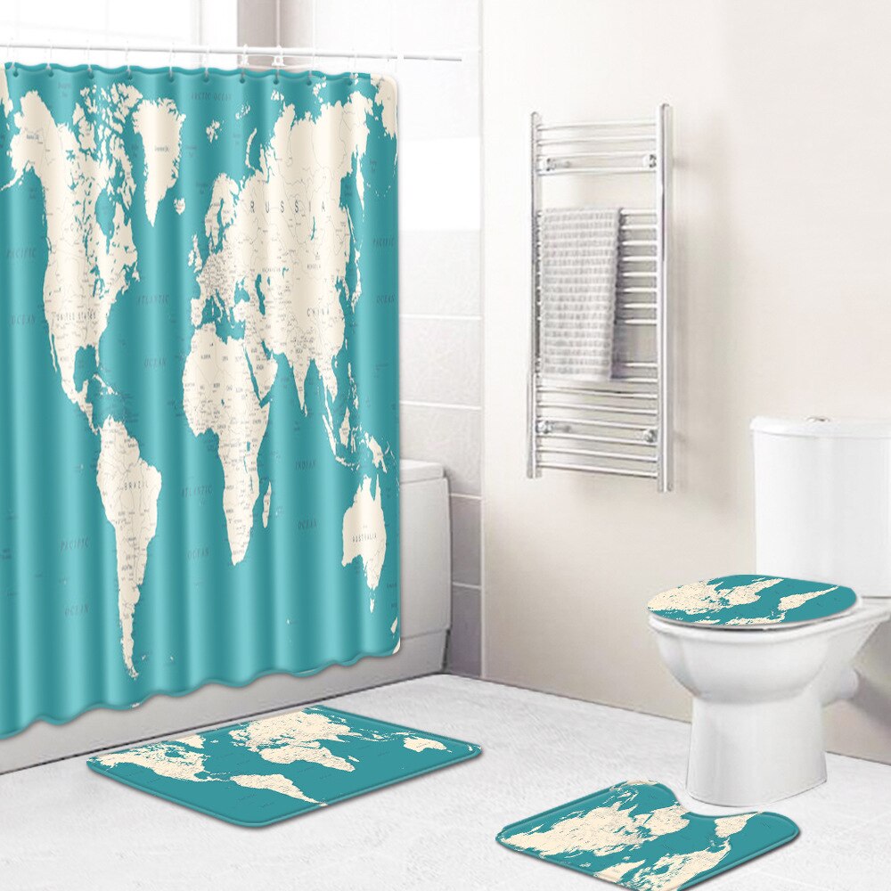 Classic World Map Pattern Shower Curtain Printing Bathroom Curtain Shower Wall-mounted Map Curtain World Map Shower Curtain
