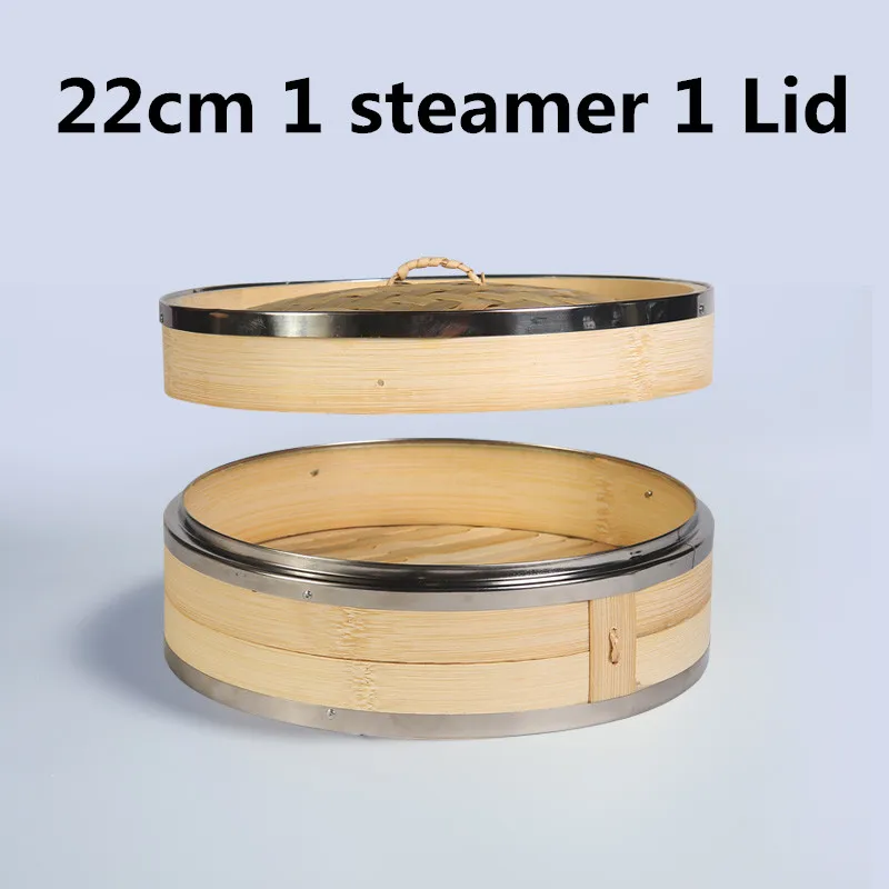 Vaporera de bambú con cubierta, juego de cesta para aperitivos, arroz y pescado, herramientas de cocina, olla de vapor: 22cm 1 steamer1 lid
