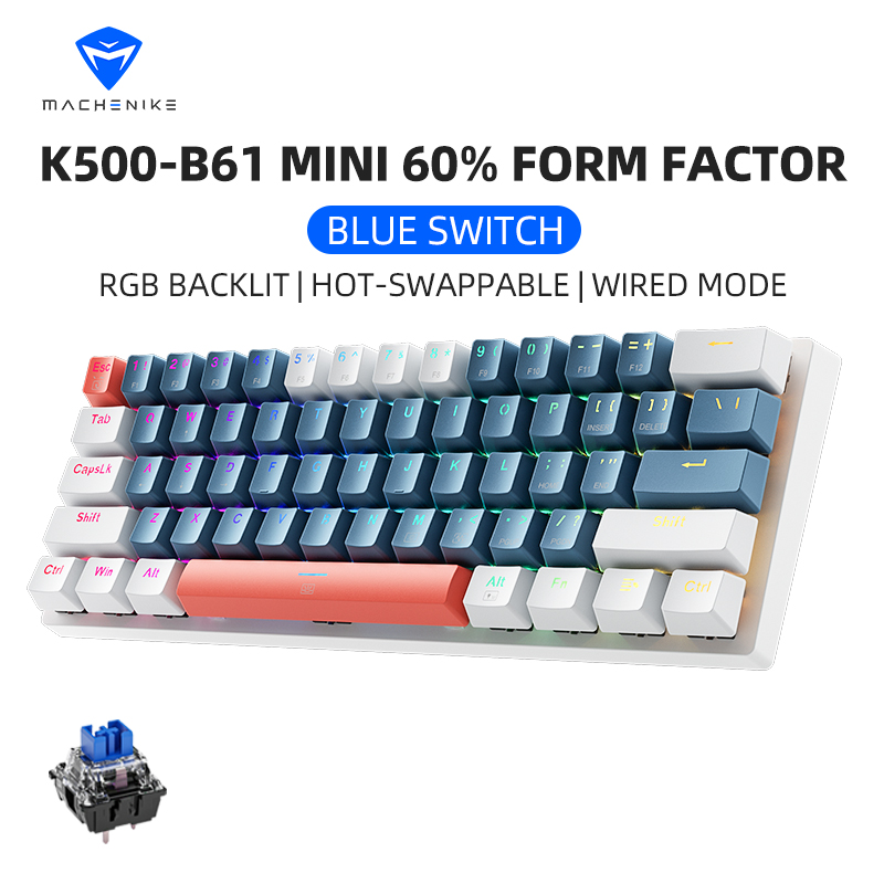 Machenike K500-B61 Mini klawiatura mechaniczna 60% Form Factor 61 klawiszy Klawiatura do gier Przewodowa pełna klawiatura z możliwością wymiany podczas pracy Podświetlana RGB: Grey