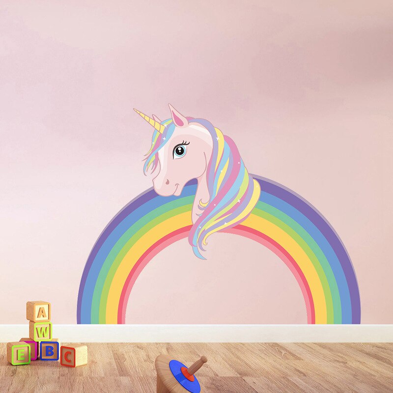 Leuke Eenhoorn Regenboog Muursticker Voor Kinderkamer Decoratie Muurstickers Pvc Verwisselbare Muur Papier