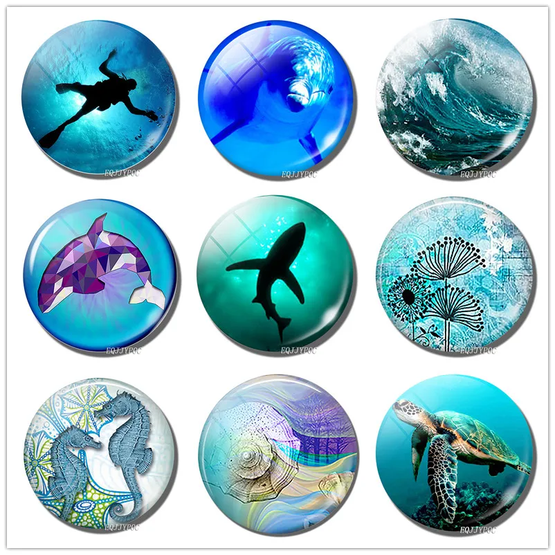 Mergulho 30mm geladeira ímã oceano subaquático criatura foto de vidro cabochão geladeira magnética adesivos nota decoração da sua casa