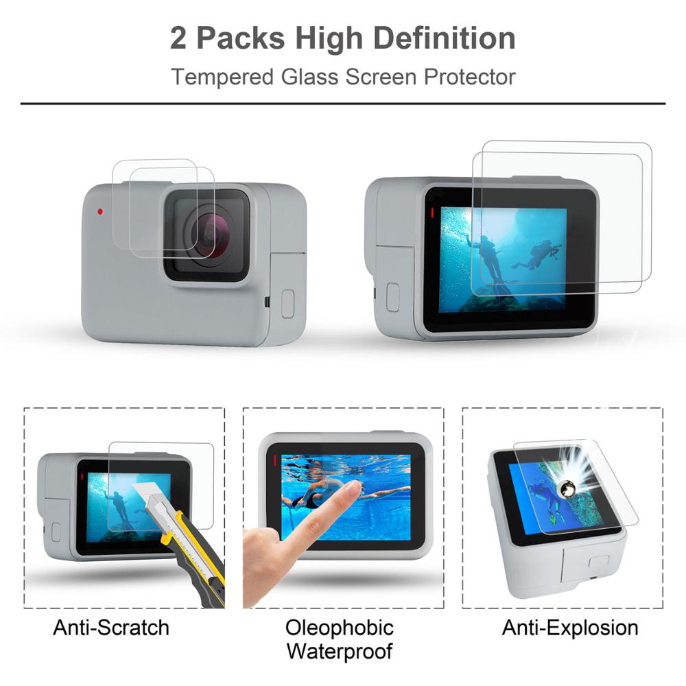 GoPro Hero 7 Kits de accesorios blancos/plateados para escalada al aire libre estuche impermeable + Protector de pantalla cordón Carabine