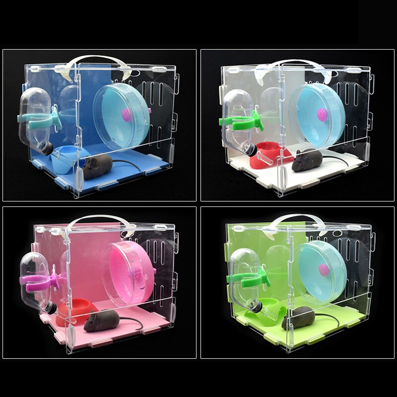 Hámster Habitat acrílico pequeño Pet Habitat jaula hámster Casa de estar caja transparente con alimentador Bol botella rueda