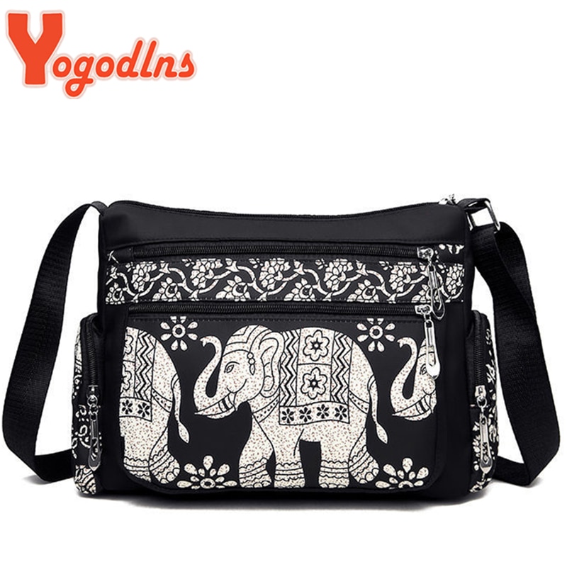 Yogodlns høj quatily nylon lærred skuldertaske til kvinder kobling håndtaske lille traditionel elefant print messenger bag damer