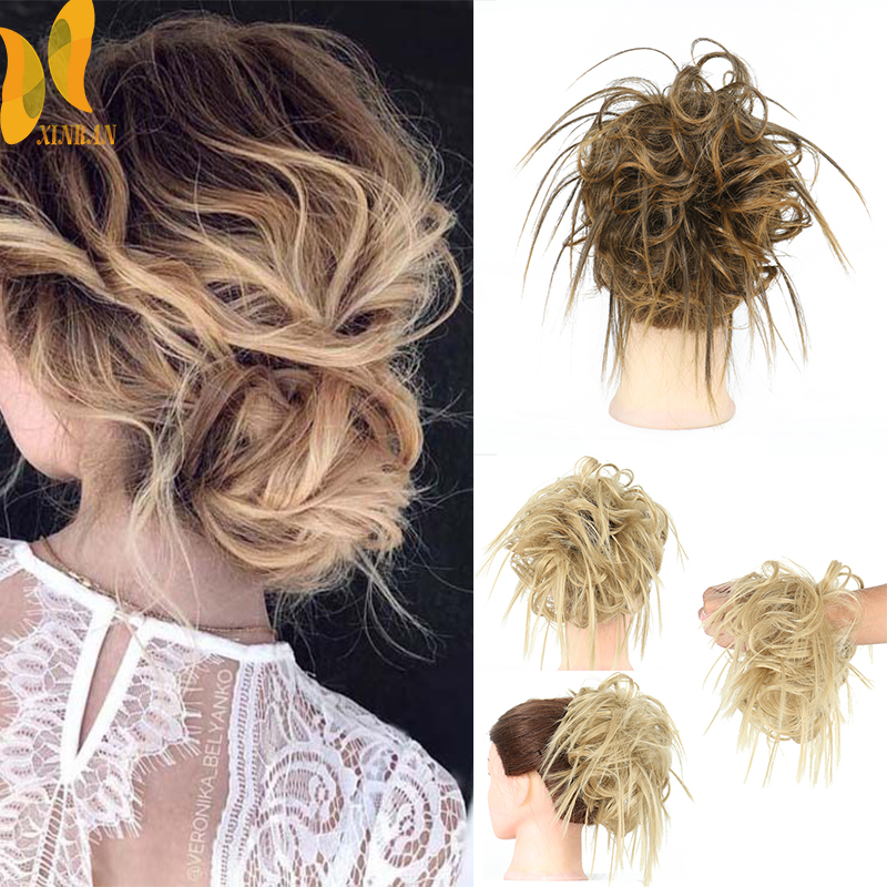 Xinran syntetisk hårstykke rodet knold pjusket hårstykke elastikbånd chignon hår krøllet scrunchie updo cover til kvinder 17 farver