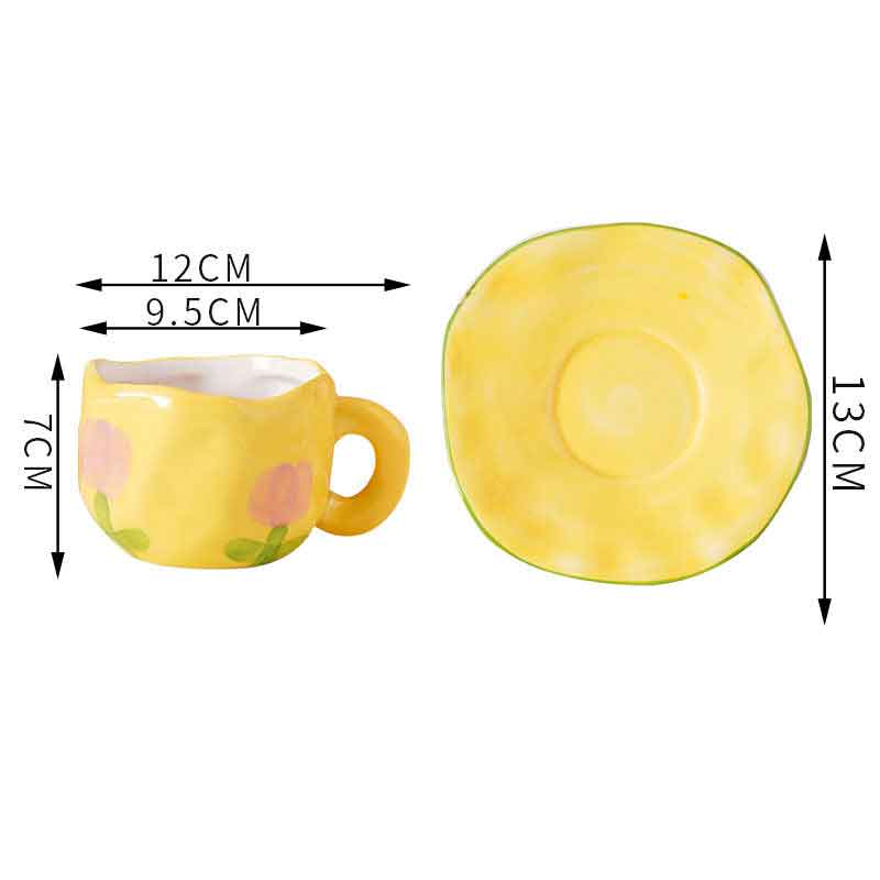 Hand Painted Cloud Coffee Cup and Saucer Handmade Irregular Ceramic Cup With Saucer Tulip Flower Tea Milk Mug Tableware: J