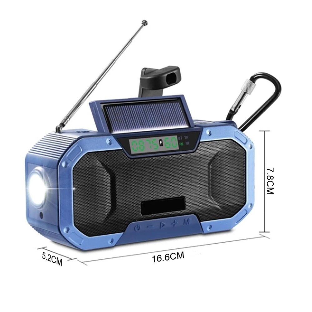 Portable Bluetooth Speaker Hand Crank Solar Radio AM/FM Emergency Radio LED Power Display Flashlight IPX5 Waterproof Power Bank