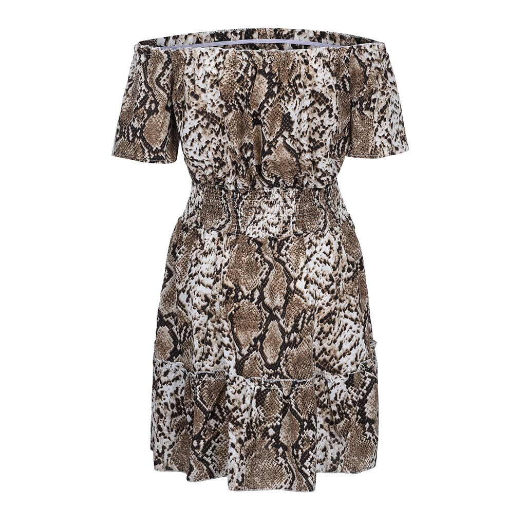 vetement femme Women beach dress Casual Short Sleeve Snake print Off Shoulder Ruffles beach Dress clothes elbise#1