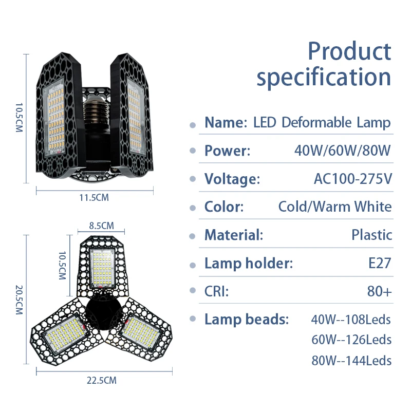 Led-garagelampa 40w 60w 80w deformerbar lampa 110v 220v superljus industriell belysning justerbar vinkellampa för verkstad