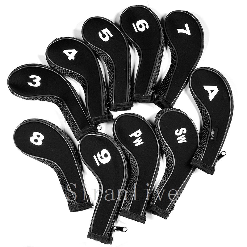 10Pcs Rubber Neoprene Golf Head Cover Golf Club Iron Putter Protect Set Number Printed with Zipper Long Neck