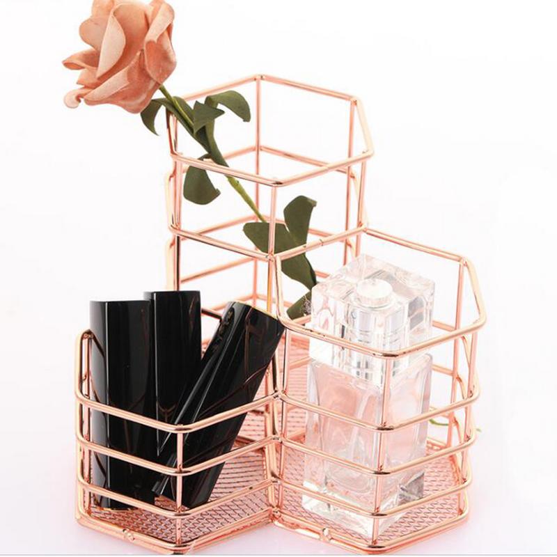 Make-Up Borstel Houder Hexagon Vaas Metalen Mesh Mand Bureau Organisator Draad Gouden Pen Potlood Hollow Holder Makeup Kit
