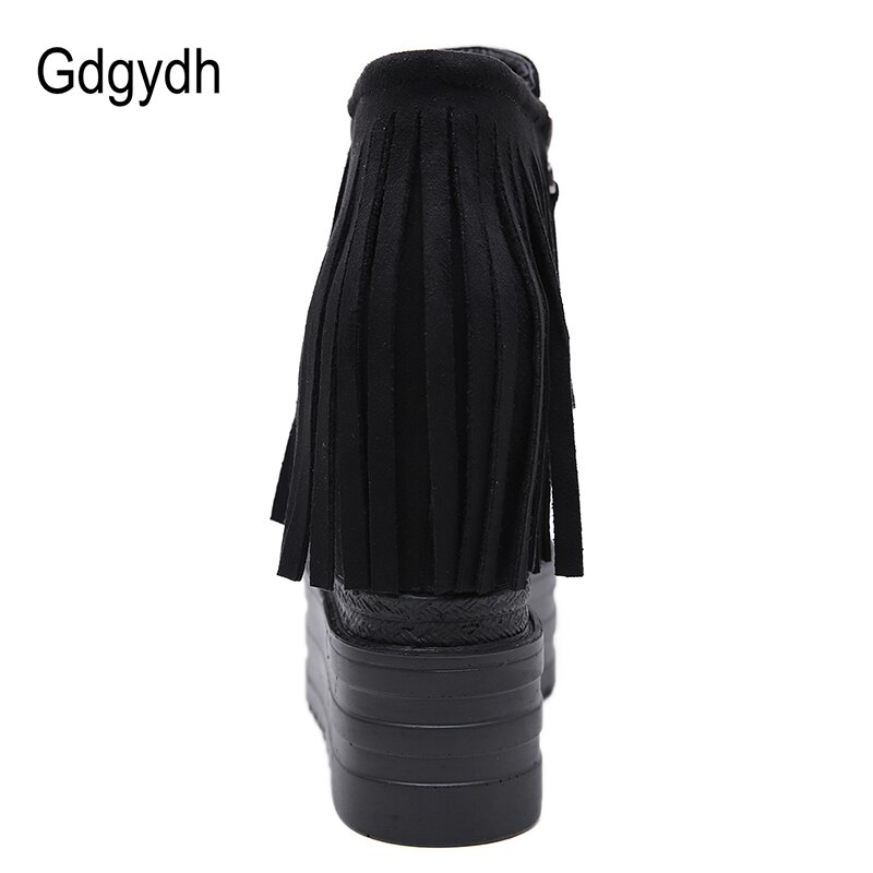 Gdgydh franje kwastje sleehak laarzen dames plateau schoenen voor herfst winter ronde neus enkellaarsjes dames zijrits zwart flock