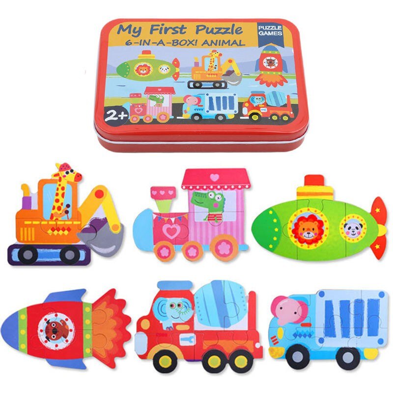 Peuter Baby Vroege Educatief Speelgoed Houten Dier Puzzels 6 Stuks In 1 Ijzeren Doos: car 2