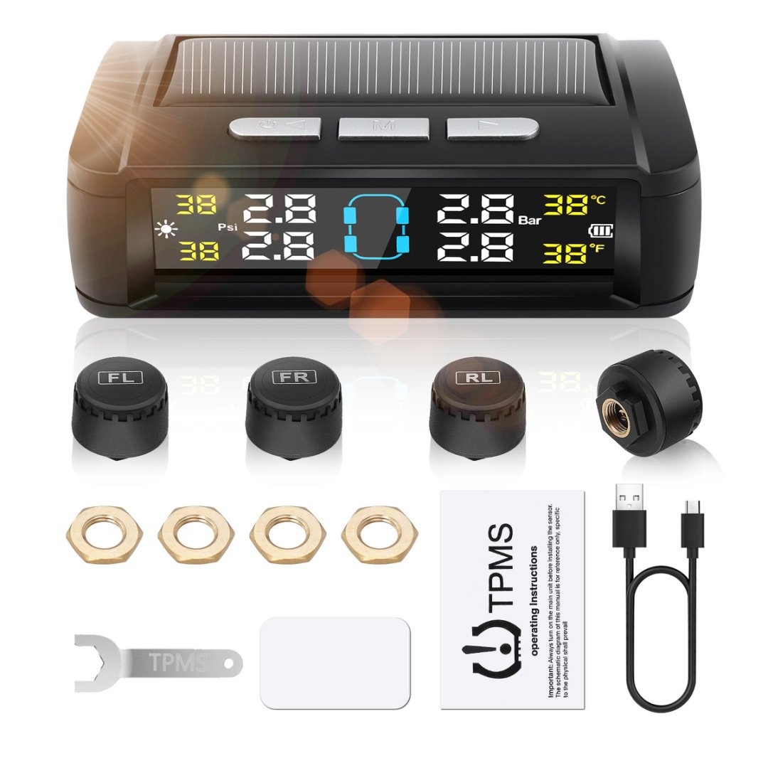 Tire Pressure Monitoring System Solar TPMS Sensors Temperature Warning Car TMPS 4 Wheel External Sensor Automobile Accessories: Orange