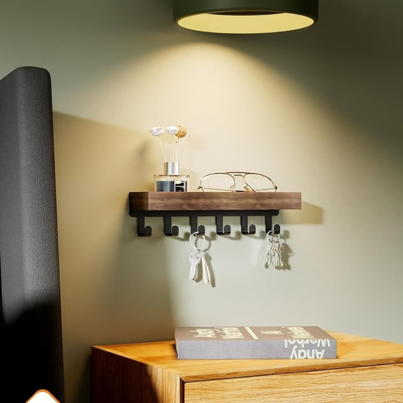 Organizador de chave de madeira elegante, porta-chaves montado na parede com 6 ganchos, fácil instalação, ideal para escritório doméstico e muito mais