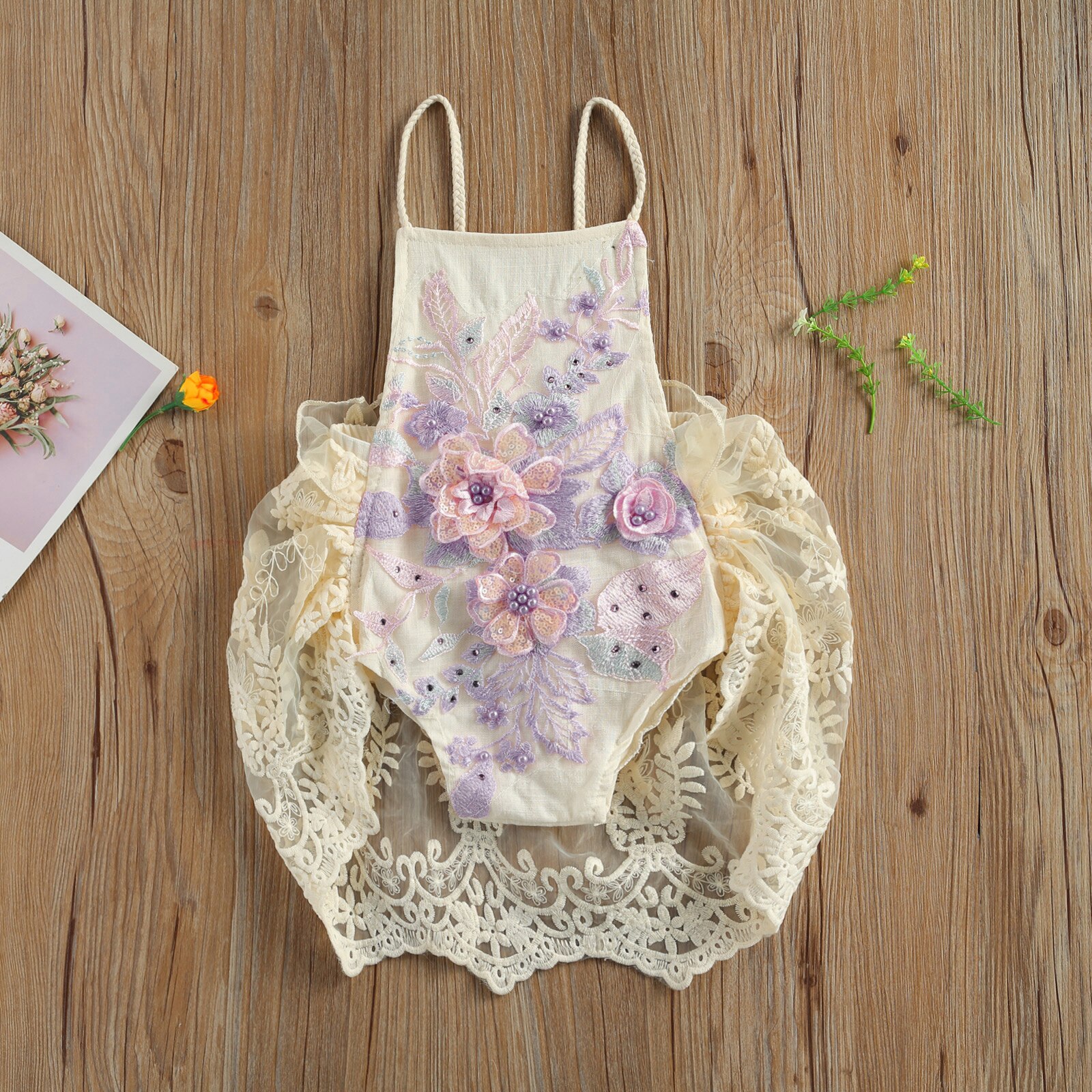 0-24m Baby-mädchen-jungen-strampler, einteilig, mit blumenmuster, spitze, perlenprint, ärmellos, rüschen