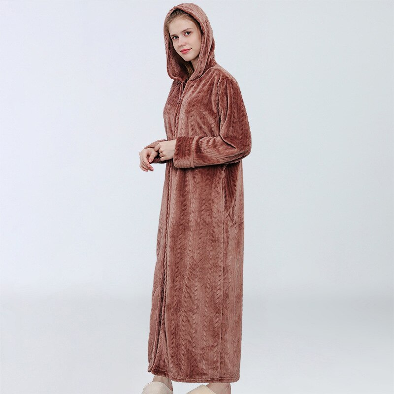 Albornoz de terciopelo con cremallera para mujer, ropa de dormir de otoño e invierno, gruesa, de franela, para el hogar