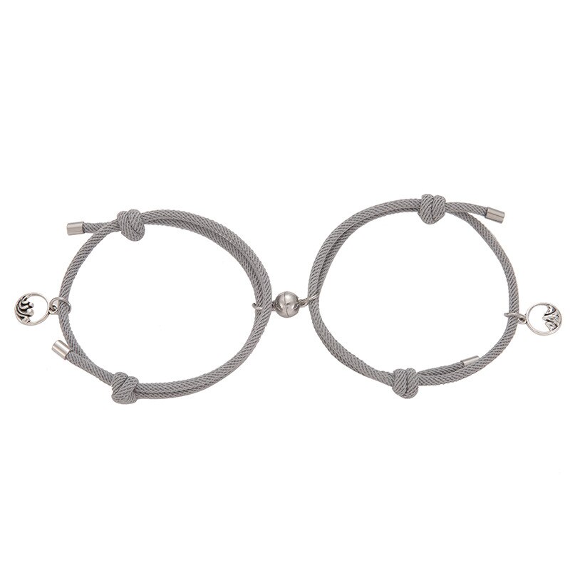 2 stk magnetisk gensidig tiltrækning par armbånd til kvinder justerbare håndlavede løfter af evigt flettet reb charm smykker: Grå