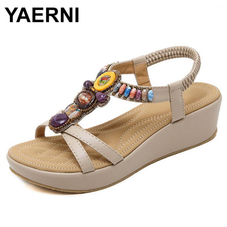 YAERNI-sandales d'été pour femmes, style bohémien, chaussures d'été à talon incliné, perlées, grande taille 35-42, chaussures d'été: beige / 6