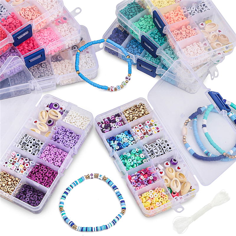 10-Gitter-Kasten-Perlen-einstellen, Polymer-Tonne, Acryl, Buchstaben-Rocailles, Schmuckherstellungsset, elastische Kordel für Mädchen und freundlicher, DIY-Armbinde