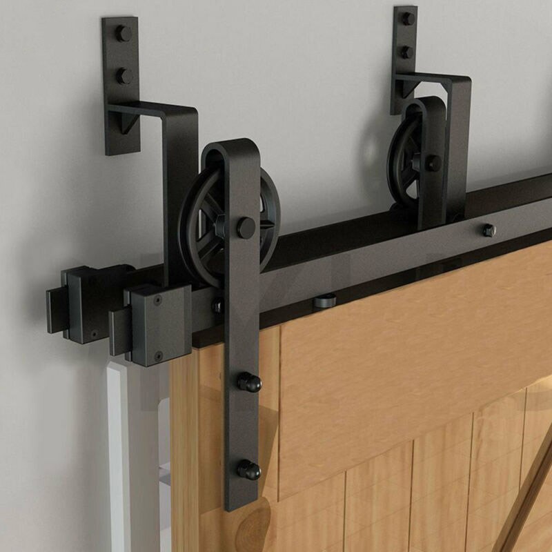 Black Bypass Sliding Barn Door Hardware Double Track Big Wheel Hanger Kit 6mm