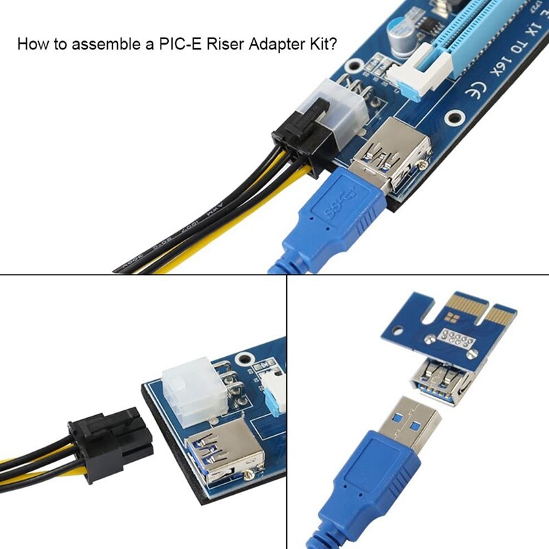 PCIE Riser 1X to 16X Powered Riser Adapter Card ,60cm USB 3.0 Extension Cable, 6 Pin SATA Power Cable - 6 Pack