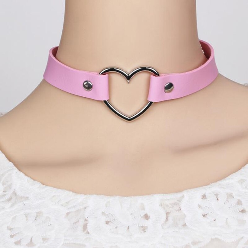 Gargantilla con tachuelas en 4 colores, Negro, Rojo, rosa, blanco, piel sintética, Punk, corazón, Collar con remaches, Collar con hebilla, Collar, para mujer, joyería: Pink