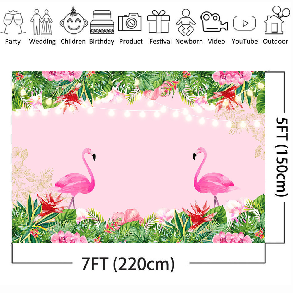 Summer Pink Flamingo Hawaiian Party Photography Background Tropical Flowers Green Leaf Birthday Party Photo Background Photocall