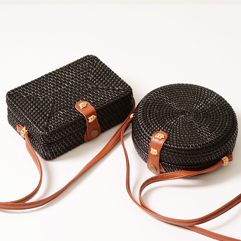 Women Shoulder Bad Rattan Sele Mini Round Retro Literary Leather Buckle PU Strap Handmade Woven Lady Beach Crossbody Bags